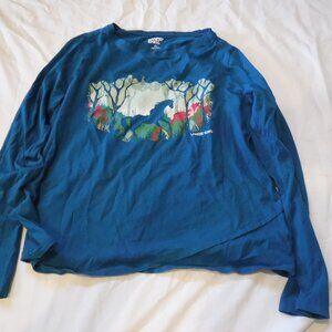 Lands End Girls Size 14-16 XL Aqua Long Sleeve Shirt Horse Nature Graphic